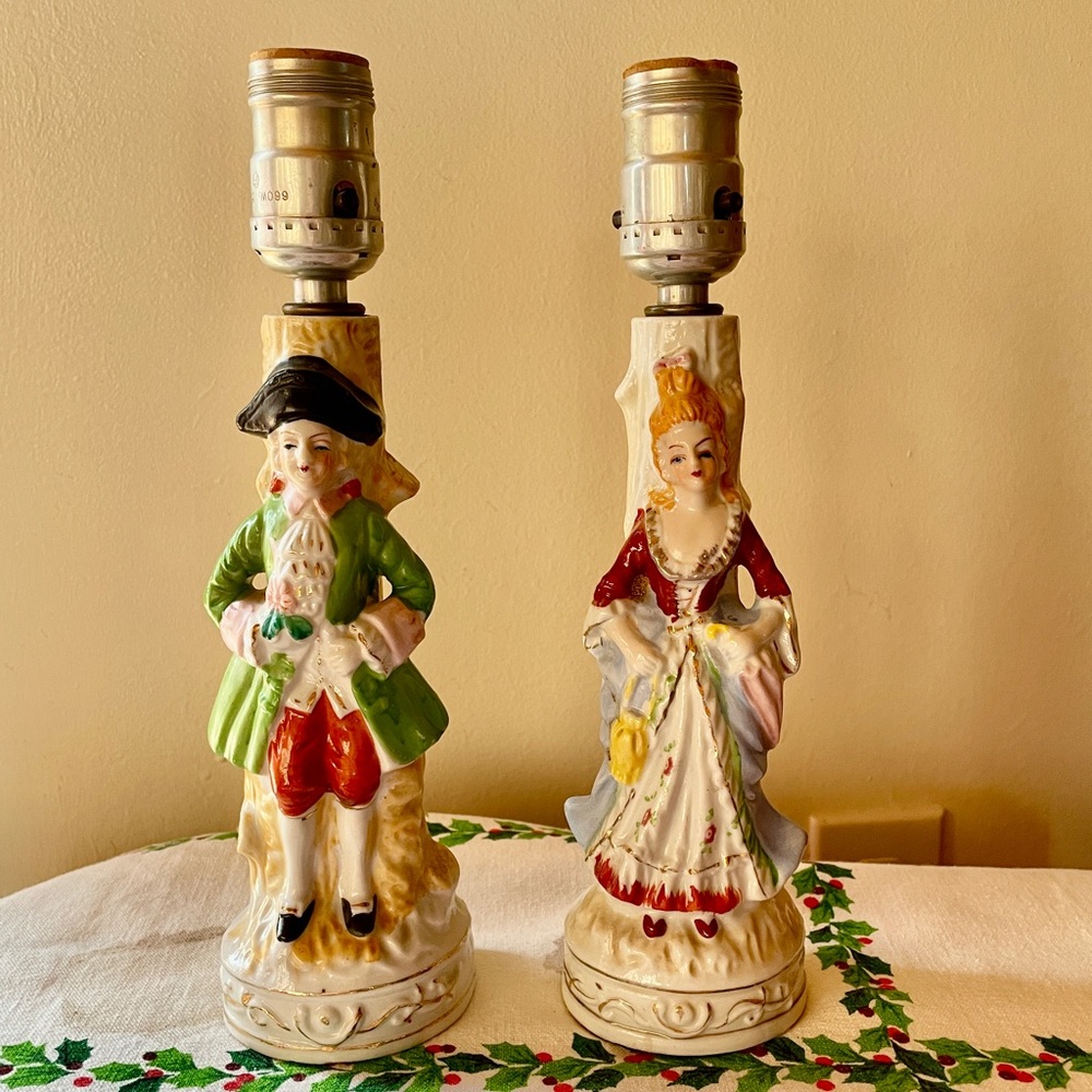Vintage Porcelain Man & Victorian Lady Bed Side Boudior Table Lamps